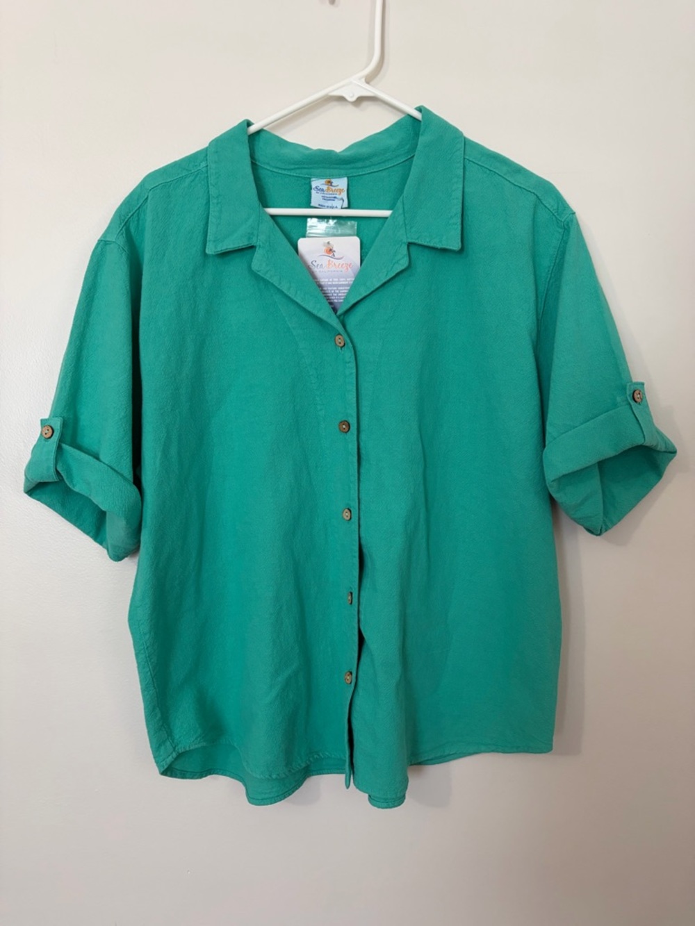 100% Cotton Vintage Coastal Teal Button-Front Short Sleeve Shirt Resortwear